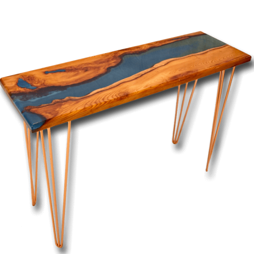 Live Edge Yew Wood & Blue Resin River Console Table