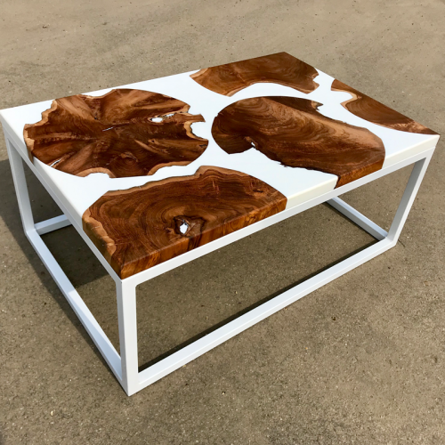 Teak Discs & White Resin Coffee Table (90x60)