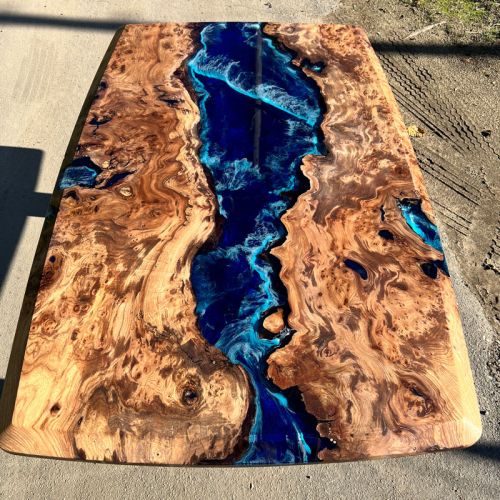 Full Burr Elm & Deep Sea Resin River Table