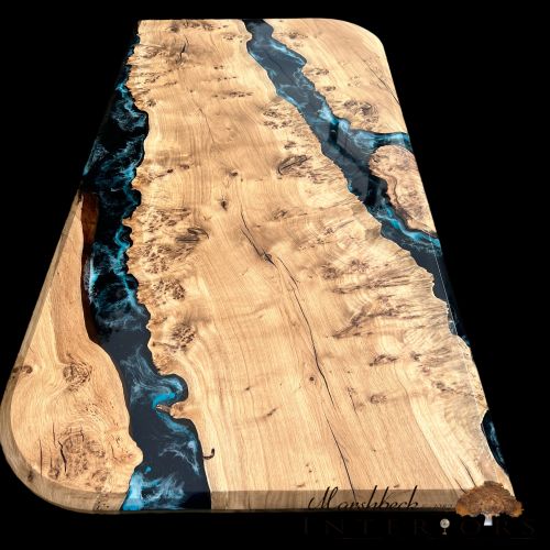 Burr Oak & Midnight Sea Resin Dining Table