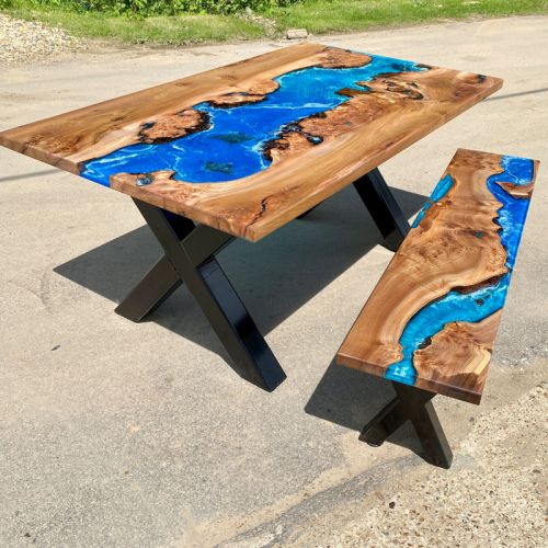 Burr Elm & Ocean Art River Dining Table & Bench