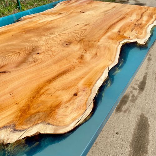 Yew Single Slab River Dining Table Glacier Blue