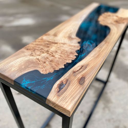 Burr Elm Console Table Galactic Blue Resin