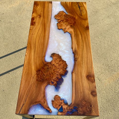 Burr Elm & Ghost Blue Resin Desk