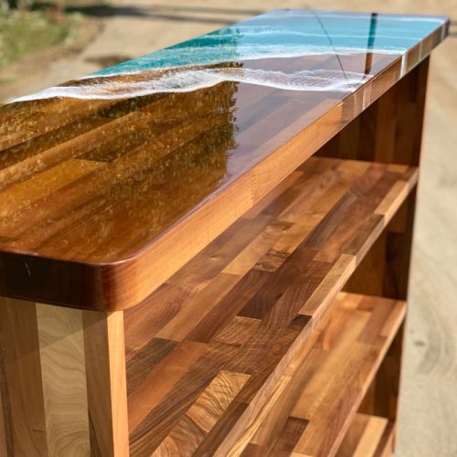 Walnut Bookcase & Ocean Art Resin