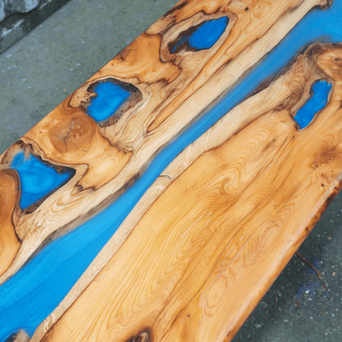 Live Edge Yew Wood & Blue Resin River Coffee Table