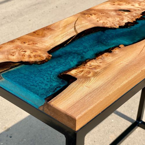 Burr Elm & Reef Blue Console Table