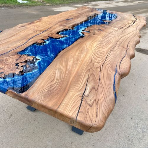 Burr Elm Deep Sea Resin Dining Table