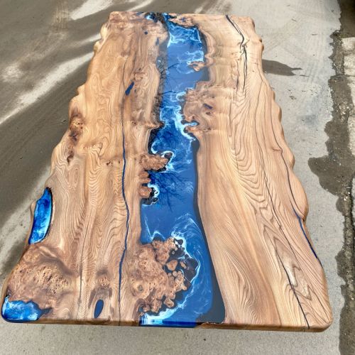 Burr Elm Deep Sea Resin Dining Table