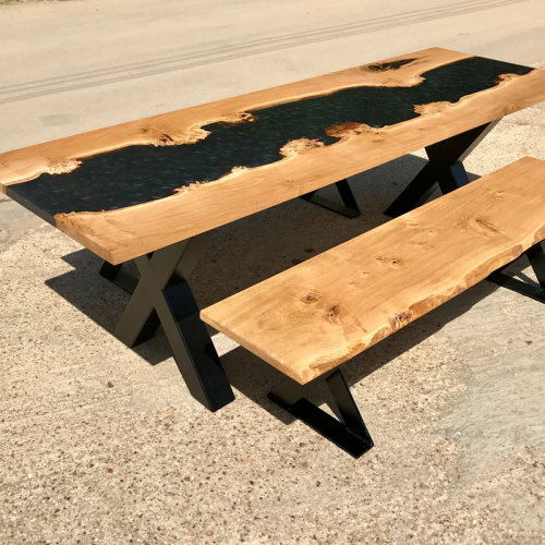 Burred Oak Epoxy River Table & Bench Set