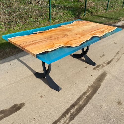 Yew Single Slab River Dining Table Glacier Blue