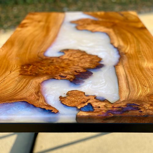 Burr Elm & Ghost Blue Resin Desk