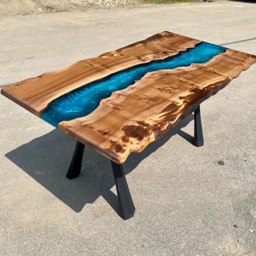 Live Edge Elm & Reef Blue River Dining Table