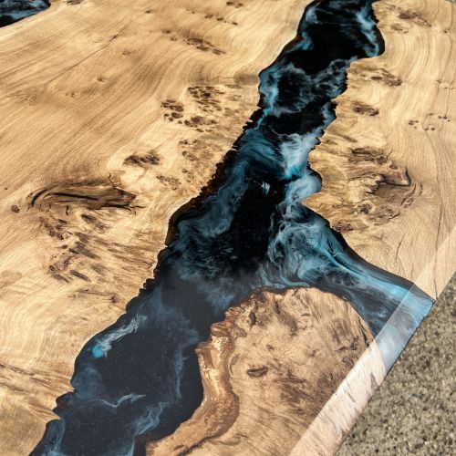 Burr Oak & Midnight Sea Resin Dining Table