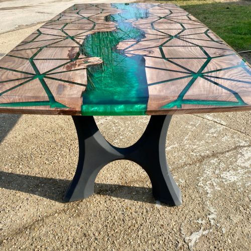 Burr Elm Geometric River Dining Table Kryptonite Green