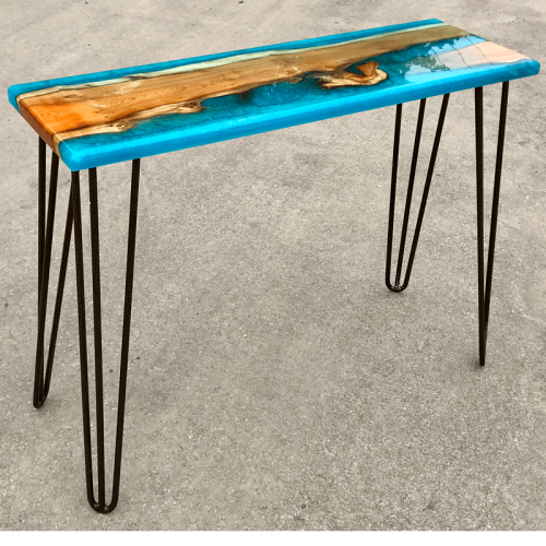 Live Edge Yew Wood & Blue Resin River Console Table SOLD