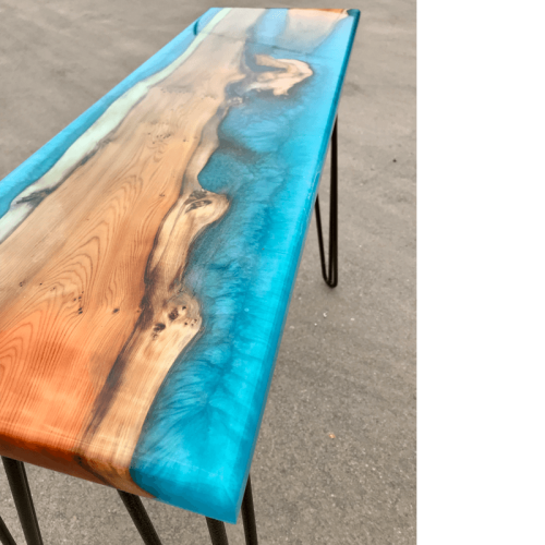 Live Edge Yew Wood & Blue Resin River Console Table SOLD