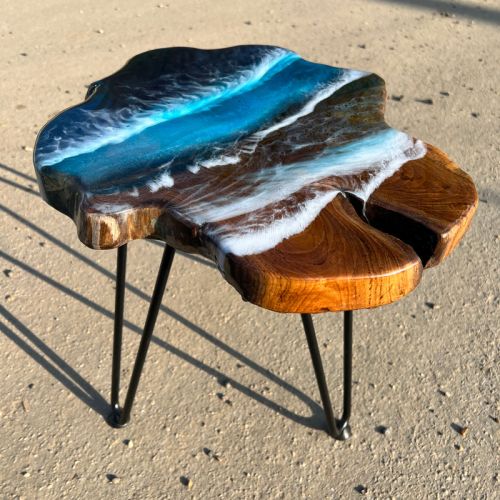 Teak & Resin Ocean Art Side Table 35