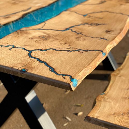 Oak Resin River Table Blue Lightning