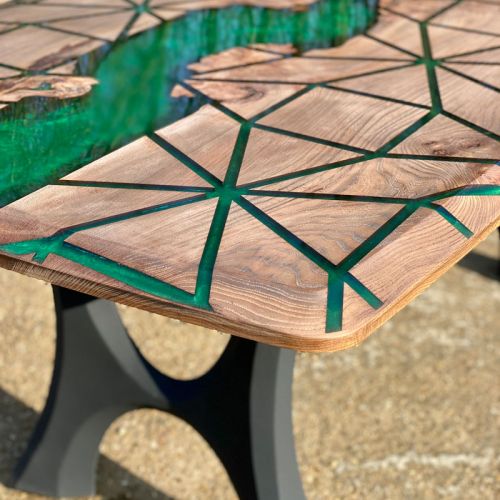 Burr Elm Geometric River Dining Table Kryptonite Green