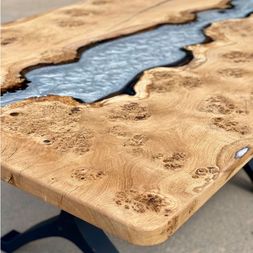 Burred Oak & Silver Pearl Resin River Dining Table