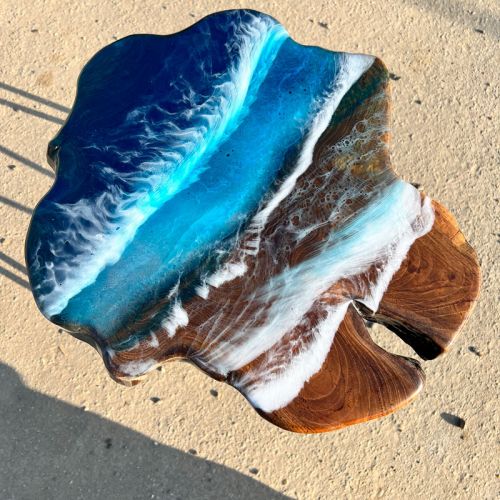 Teak & Resin Ocean Art Side Table 35