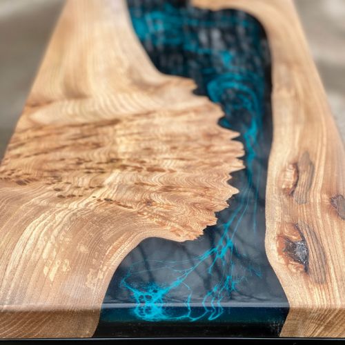 Burr Elm Console Table Galactic Blue Resin