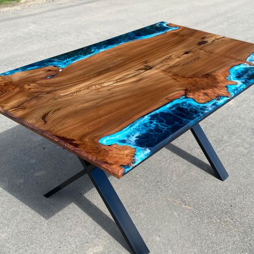 Burr Elm River Dining Table Deep Sea