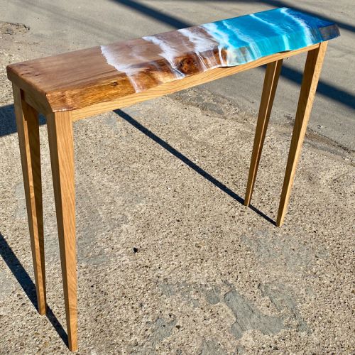 Oak Live Edge Console Table with Ocean Art