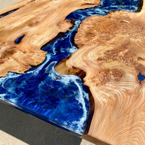 Full Burr Elm & Deep Sea Artwork Dining Table