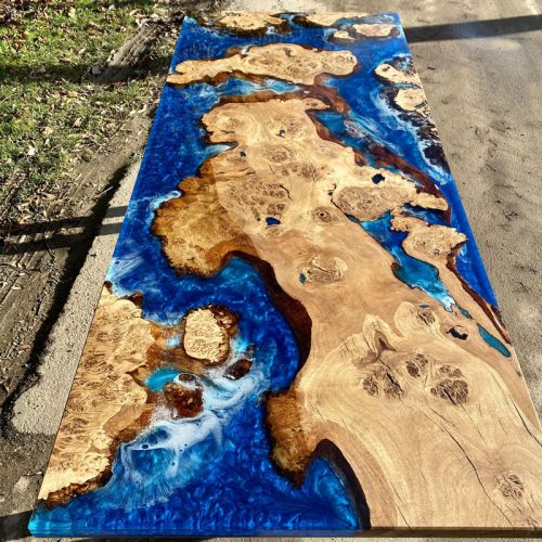 Full Burr Oak River Dining Table with Ocean Art