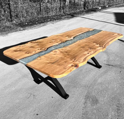 Silver Pearl & Live Edge Oak River Dining Table