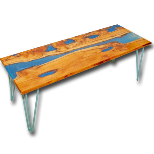 Live Edge Yew Wood & Blue Resin River Coffee Table