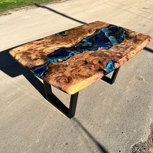 Full Burr Elm & Deep Sea Resin River Table