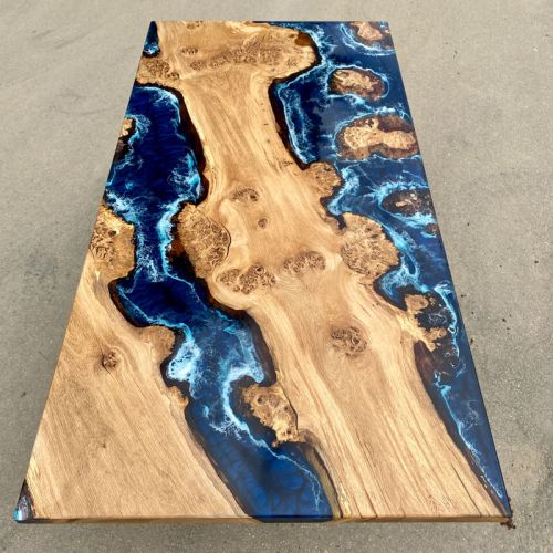 Burr Oak Islands Dining Table Deep Sea Resin