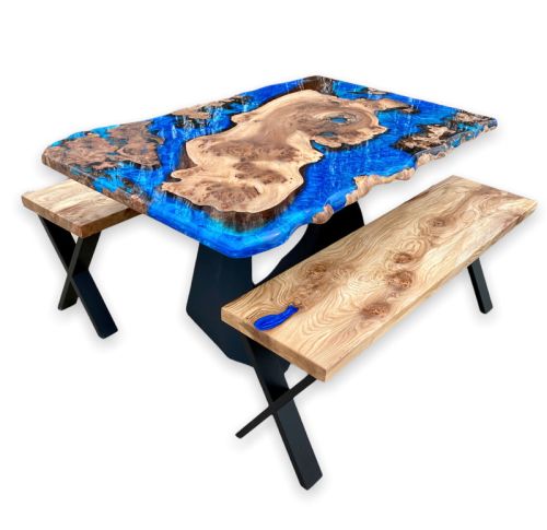 Burr Elm Islands River Table & Benches