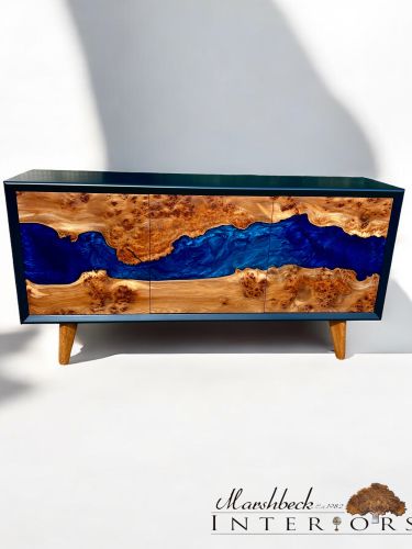 River Sideboard Burr Elm & Multi Blue Resin