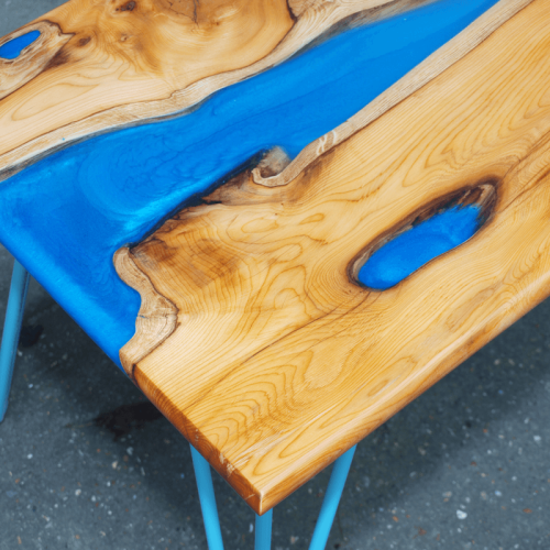 Live Edge Yew Wood & Blue Resin River Coffee Table