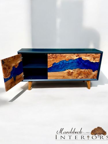 River Sideboard Burr Elm & Multi Blue Resin