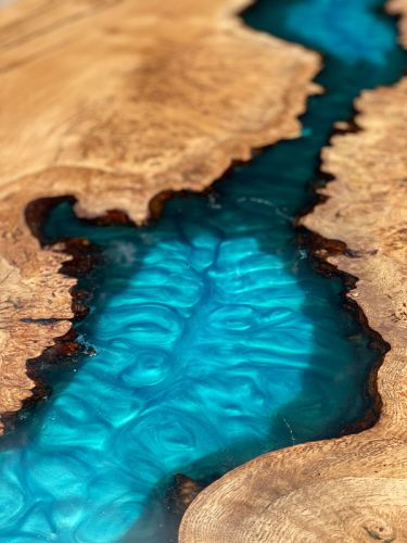 Burred Oak Dining Table & Reef Blue Resin