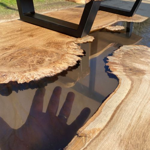 Burred Oak River Desk Smokey Grey Resin & Riser