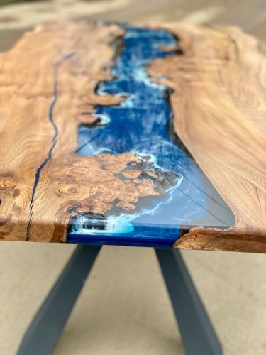 Burr Elm Deep Sea Resin Dining Table