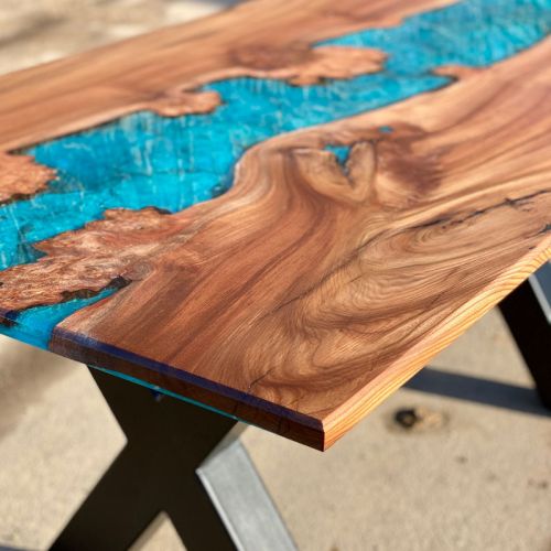 Burr Elm & Reef Blue River Dining Table