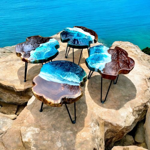 Teak & Resin Ocean Art Side Table