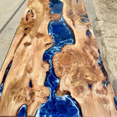 Full Burr Elm & Deep Sea Artwork Dining Table