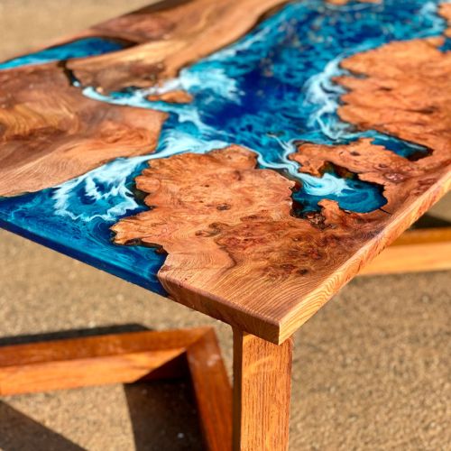 River Coffee Table in Elm Deep Sea Art Chevron Legs