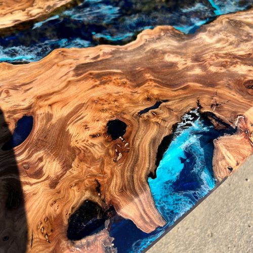 Full Burr Elm & Deep Sea Resin River Table