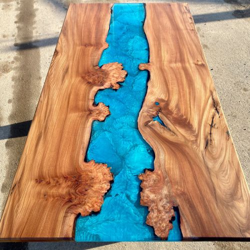 Burr Elm & Reef Blue River Dining Table