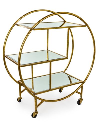 Antiqued Gold/Bronze Round Metal Bar Trolley with Bevelled Mirrored Shelves