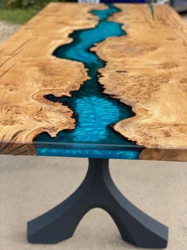Burred Oak Dining Table & Reef Blue Resin